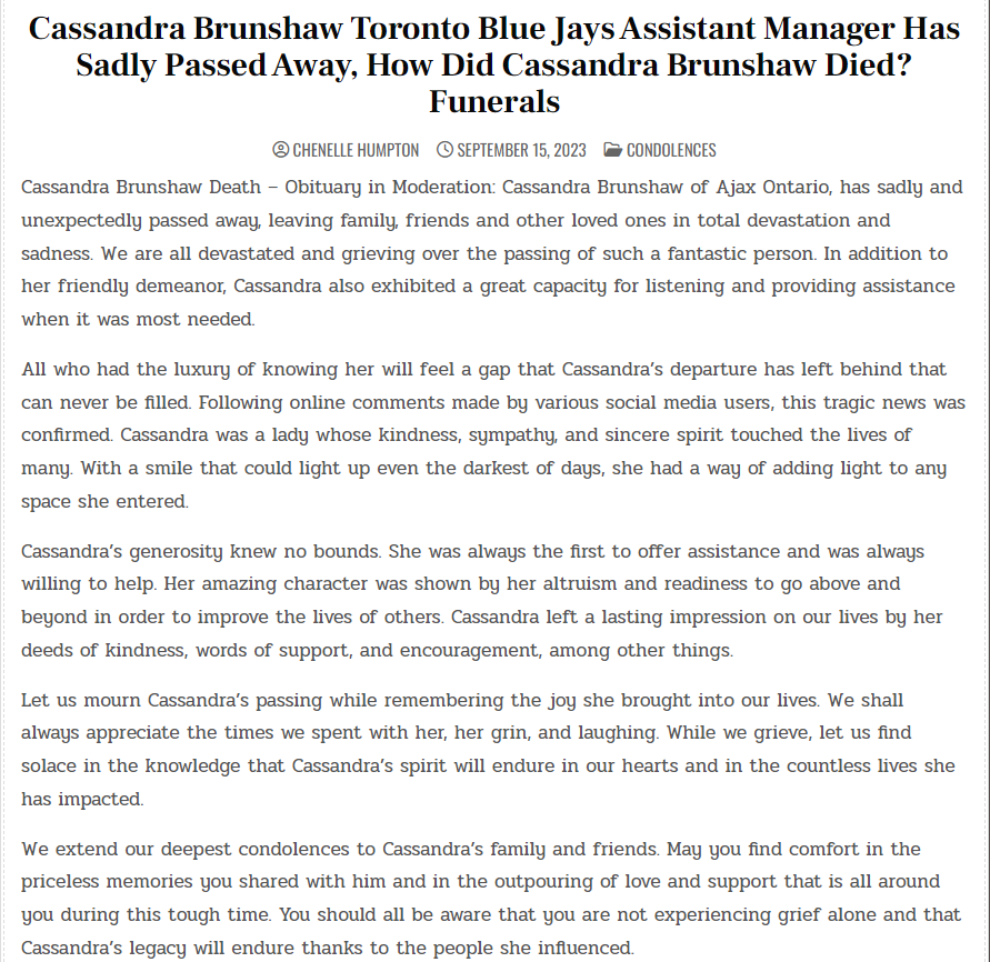 Cassandra Brunshaw Obit