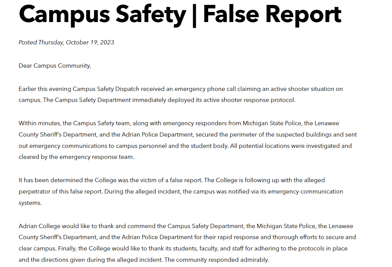 Adrian College Shooting Scare: A False Alarm Sparks Unnecessary Panic